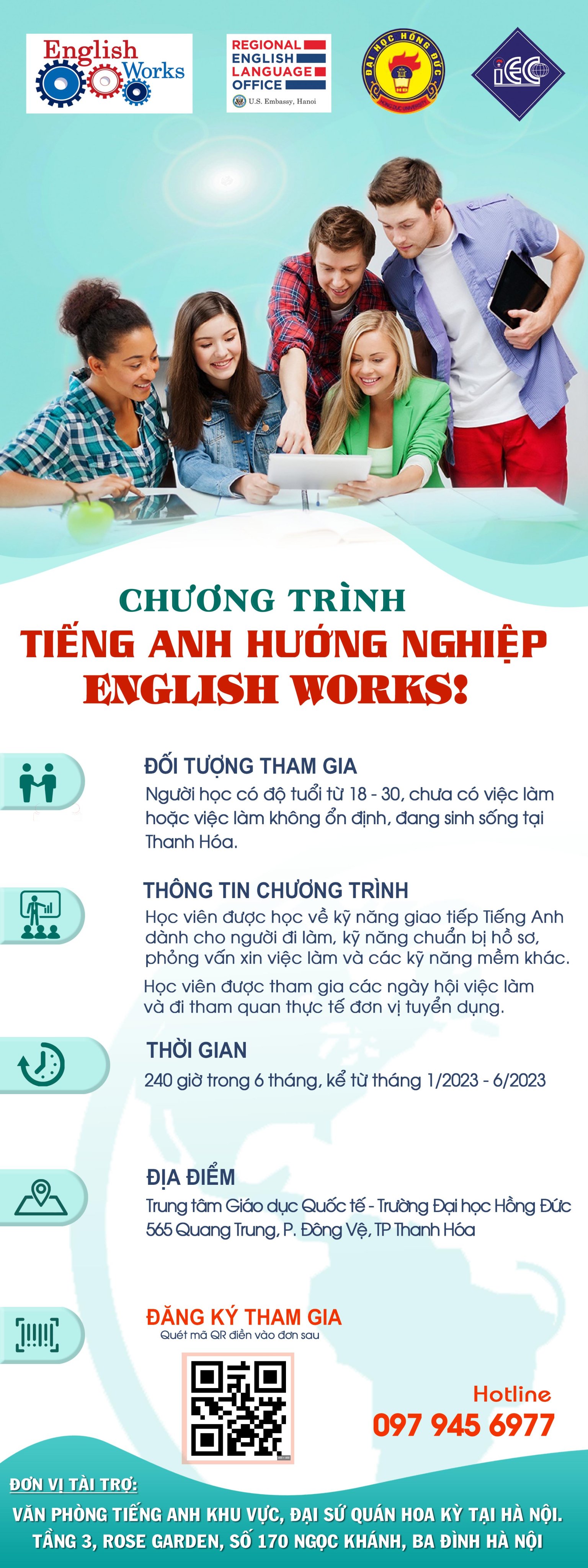 Thông báo học bổng cho Chương trình Tiếng Anh Hướng nghiệp English Works! do Văn phòng Tiếng Anh Khu vực, Đại sứ quán Hợp chủng quốc  Hoa Kỳ tại Việt Nam tài trợ.