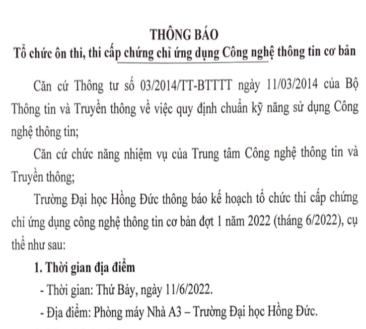 Thông báo tổ chức ôn thi, thi cấp chứng chỉ ứng dụng CNTT cơ bản