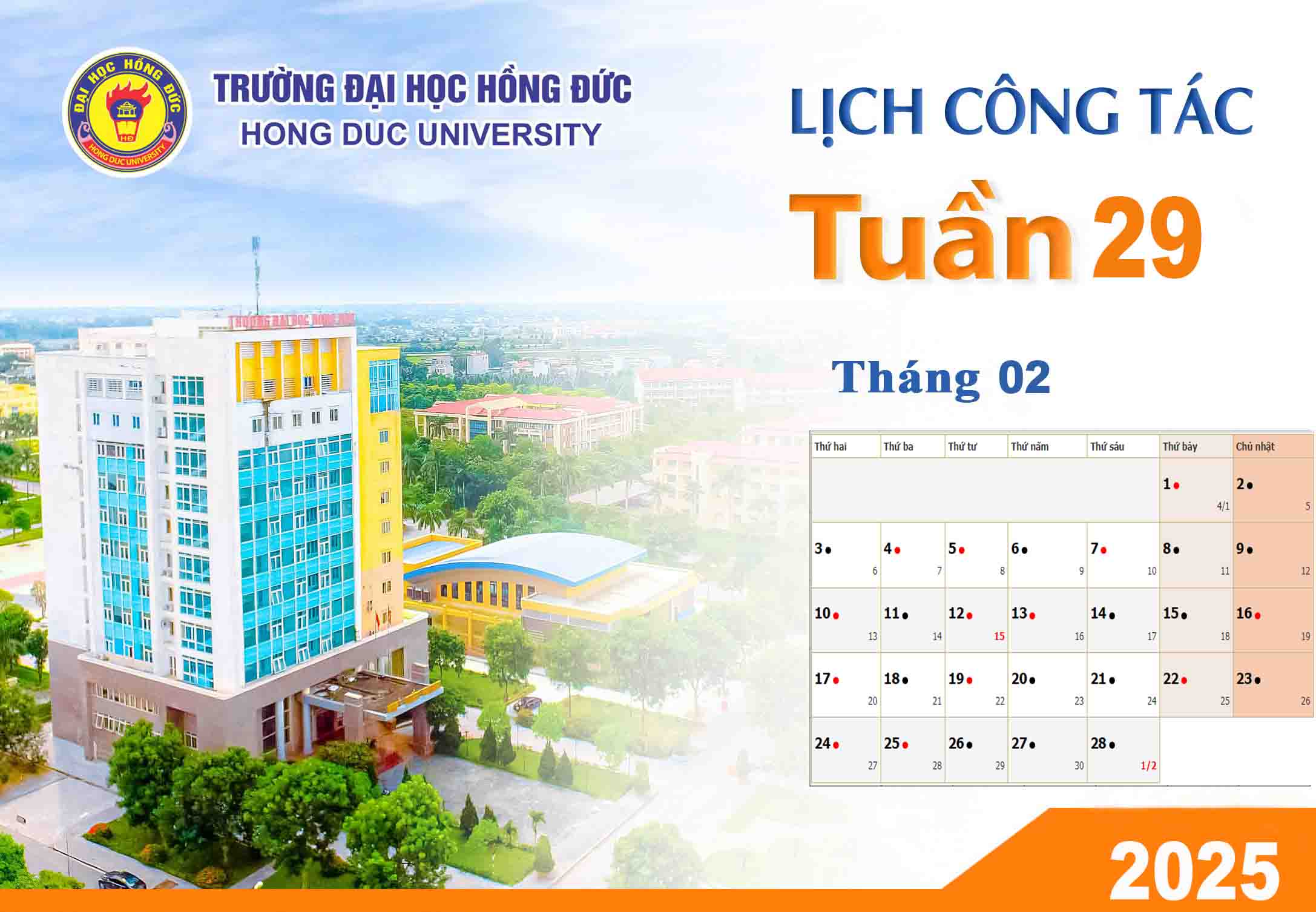 LỊCH CÔNG TÁC TUẦN 29 (Từ ngày 10/02/2025 đến ngày 16/02/2025)