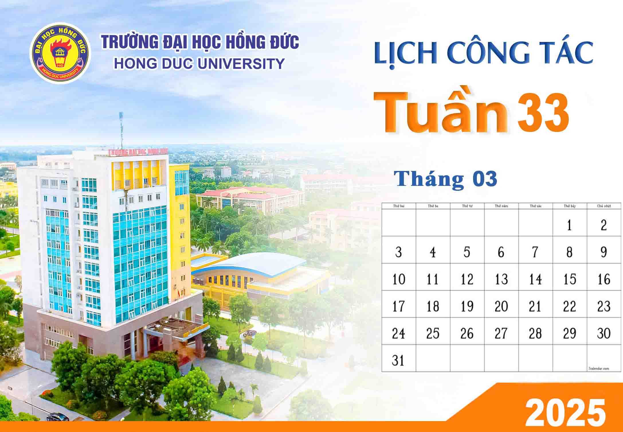 LỊCH CÔNG TÁC TUẦN 33 (Từ ngày 10/03/2025 đến ngày 16/03/2025)