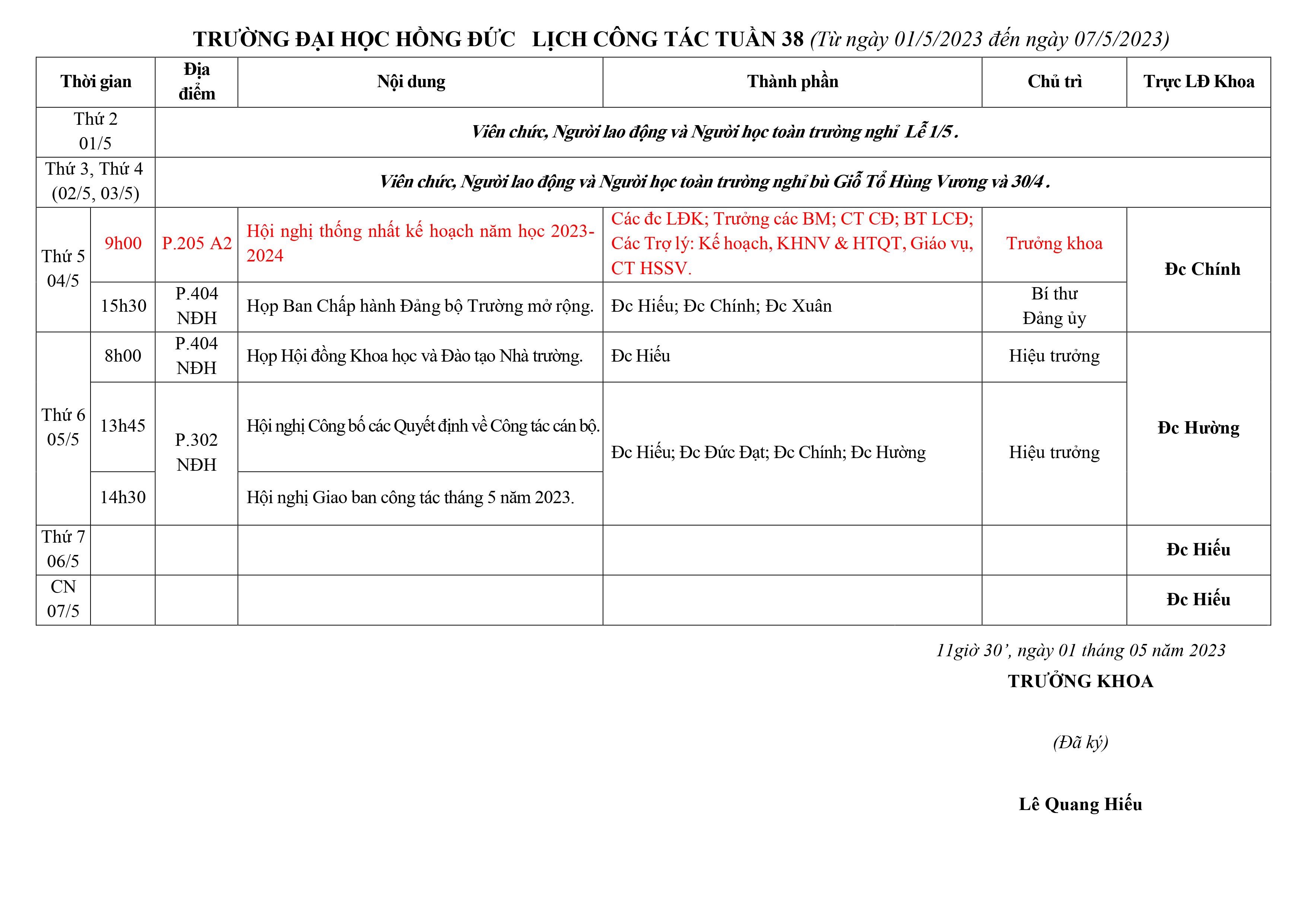 Lịch công tác tuần 38