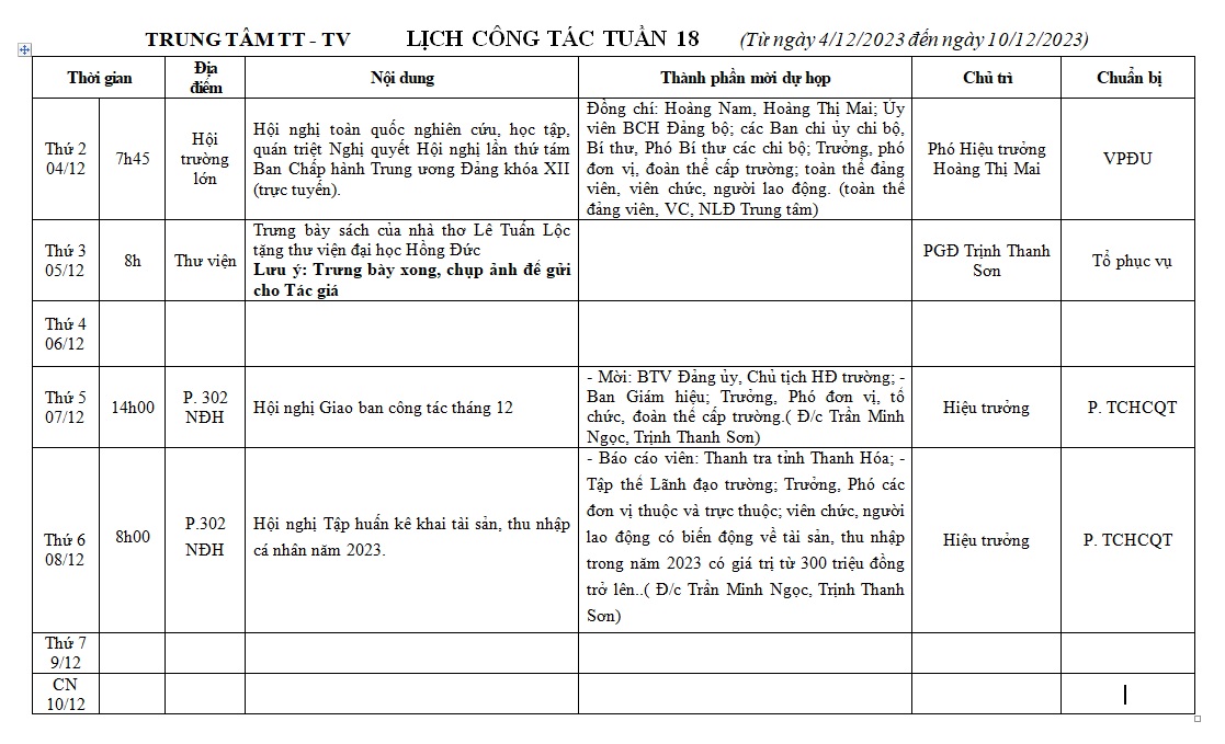 LỊCH CÔNG TÁC TUẦN 18        (Từ ngày 4/12/2023 đến ngày 10/12/2023)