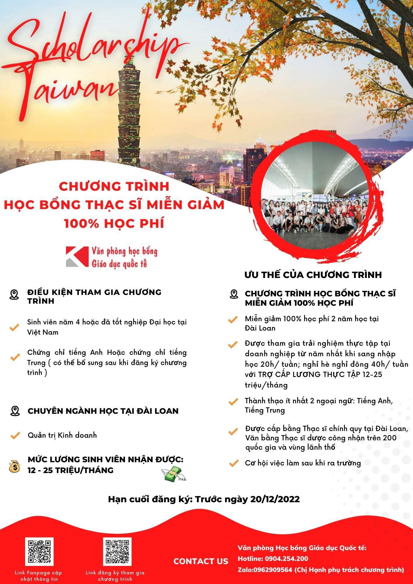 Thông báo chương trình học bổng Thạc sĩ Đài Loan